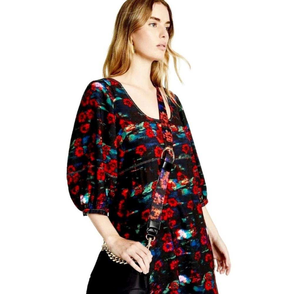 Rachel Comey Target Floral Puff Sleeve Empire Waist Midi Dress Black Red Size 6